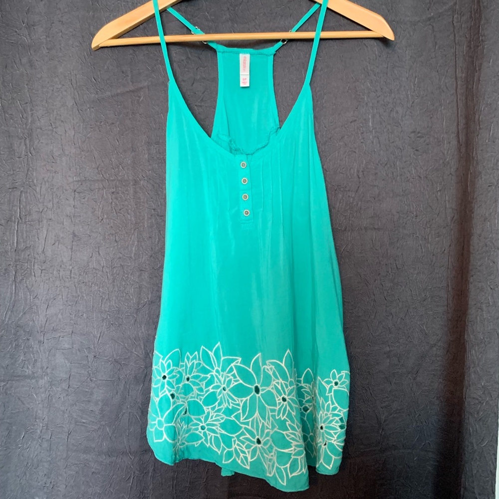 Xhilaration Teal Embroidered Floral Tank - Size S